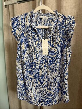 Maison d'Annelle Blue & White Printed Ruffle Sleeve Blouse